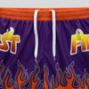 Custom women's active shorts in purple with orange accents, featuring a flame design and a drawstring waistband.
