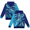 A blue and teal women's active hoodie featuring a geometric pattern, with a hood and front pockets. It has a logo.