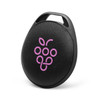 A black Bluetooth tracker with a smooth finish and a pink logo design. It has a convenient grip handle.
