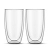 A set of two large, clear double wall glasses with a sleek design. Ideal for various drinks.