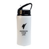 A drink bottle in white with a black lid and handle, featuring a logo and motivational text.