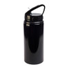 A black drink bottle with a handle and a screw-top lid, featuring a built-in straw and a logo.