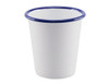 A white tumbler with a blue rim, designed for drinks. It has a logo on the surface.