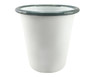 A white enamel tumbler with a dark green rim, featuring a logo on its surface.