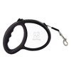 A black retractable dog leash with a comfortable grip handle and a metal clip for attaching to a collar or harness.