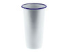 A white enamel tumbler with a blue rim, measuring 775ml and 10cm tall. Features a simple design.