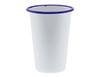 A tumbler with a white body and a blue rim, measuring 425ml and 8cm tall. Features a logo.