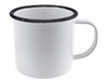 A white enamel mug with a black rim and handle, featuring a simple design and a metallic finish.