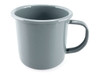 A grey enamel mug with a sturdy handle, measuring 500ml and 9cm in height. It features a logo.