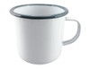A white enamel mug with a grey rim and a handle, featuring a logo on the side. Suitable for beverages.