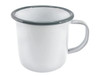 A mug featuring a white enamel finish with a contrasting grey rim and handle, includes a branding logo.