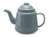A teal enamel teapot with a curved spout and a lid, featuring a handle and a smooth finish.