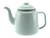 A light grey enamel teapot with a curved spout and a lid, featuring a sturdy handle and a glossy finish.