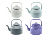 A collection of four tea kettles in white, pastel blue, dark grey, and purple with a classic design and handles.