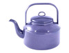 A purple enamel tea kettle with a handle and spout, featuring a lid and a simple design.