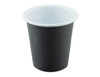 A tumbler featuring a black exterior and a white interior, with a logo on the side.