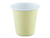 A tumbler featuring a pale yellow exterior with a white rim and an interior. Includes a logo on the surface.