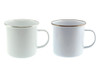 Two rimmed enamel mugs, one white and one light blue, both featuring a gold trim and a handle.