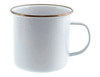 A 500ml white enamel mug with a gold-rimmed edge and a handle. It features a logo.