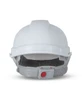 A white safety helmet with an adjustable strap and a logo on the side.