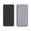 A power bank featuring a sleek black side and a textured grey fabric side, with a logo present on the surface.