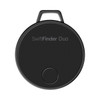 A black circular tracker featuring a handle and a plain surface with a logo.