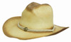 A straw cowboy hat in tan and brown tones, featuring a decorative band and a rustic, weathered look.