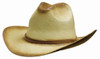 A straw cowboy hat in shades of light tan and brown, featuring a brown band around the base.