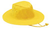 A yellow poly cotton slouch hat with a wide brim and an adjustable chin strap. It features ventilation eyelets.