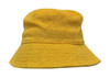 A yellow terry towelling bucket hat with a wide brim and soft texture, featuring a logo.