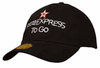 A black cap featuring a logo and text, with a curved brim and adjustable strap at the back.