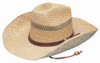 A straw cowboy hat featuring a wide brim and decorative band, in natural tan colour. Includes a chin strap.