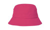 A pink bucket hat with a wide brim and a soft fabric, featuring a logo on the side.