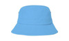 A blue child's bucket hat featuring a wide brim, designed for comfort and style, with a logo on the side.