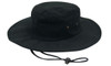 A black brushed heavy cotton hat with a wide brim and adjustable chin strap, featuring eyelets for ventilation.