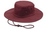 A brushed heavy cotton hat in a deep burgundy colour with a wide brim and adjustable drawstring.