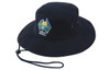 A navy blue brushed heavy sports twill hat featuring a logo and an adjustable chin strap.
