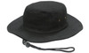 A black brushed heavy sports twill hat with a wide brim and a secured cord. Features ventilation holes.