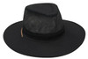 A black safari hat with a wide brim, featuring a mesh top and a leather band. The hat also has a logo.