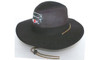 A black safari hat featuring a mesh design and a logo on the front. It includes a brown adjustable strap.