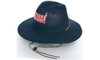 A navy collapsible cotton twill and soft mesh hat with a logo and a drawstring.