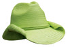 A green straw cowboy hat with a wide brim and a flexible design. Features a simple logo on the side.