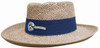 A straw sun hat featuring a wide brim and a blue band, adorned with a logo. The hat is light brown in colour.