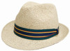 A straw fedora hat in a light beige colour with a dark green and multi-coloured striped band.