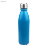 A drink bottle in light blue with a shiny aluminium finish and a stainless steel cap. It features a logo.
