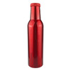 A drink bottle in a sleek, shiny red finish with a matching cap and a logo.
