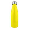 A drink bottle in vibrant yellow stainless steel with a silver screw-on lid and a sleek, single wall design.