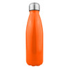 A drink bottle in vibrant orange with a shiny stainless steel cap and a sleek, single-wall design. It features a logo.