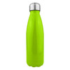 A drink bottle in bright green stainless steel with a shiny silver lid and a branding logo.