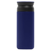 A drink bottle in navy blue with a black lid and a simple design featuring a logo.